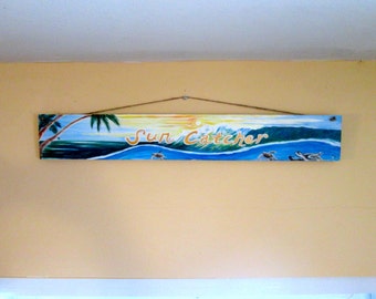 Large hand painted House Sign with turtles and wave, entryway sign - beach house decor - custom words, 20x5 inches