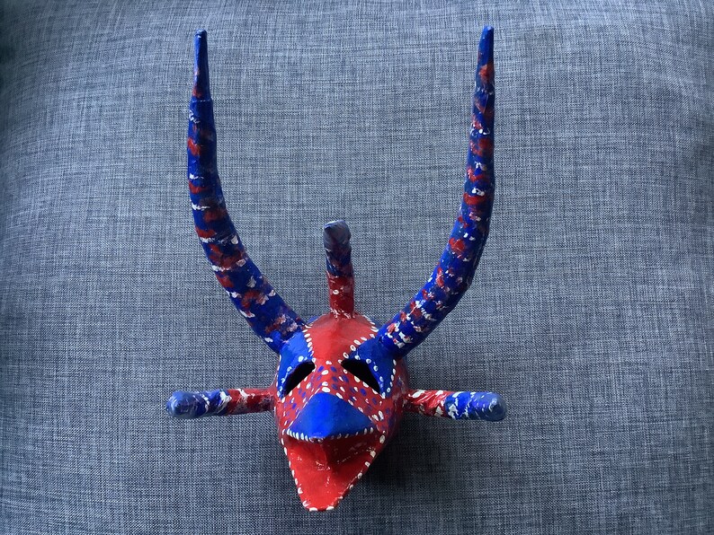 Five horned Vejigante papier-mâché mask, made in Puerto Rico, hand made carnival mask, wall art image 8