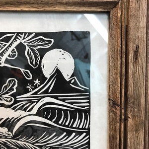 Framed Linoleum block art print, hand printed , limited edition, surf art, tiki art, 4/50, surf decor, ready to ship Bild 3