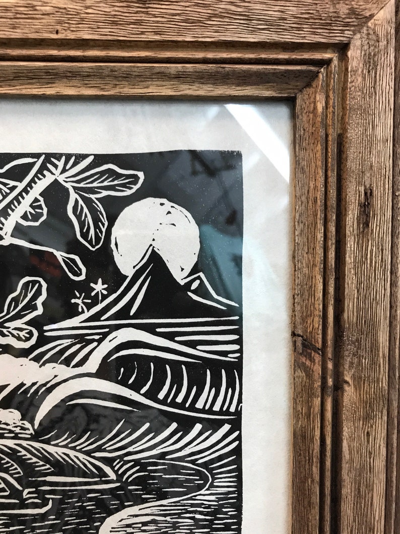 Framed Linoleum block art print, hand printed , limited edition, surf art, tiki art, 4/50, surf decor, ready to ship Bild 3