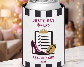 Fantasy Football Draft Day blikjeskoeler met gepersonaliseerde competitienaam, op maat gemaakt, slank, normaal, feestartikel, damescadeau, cocktailhoesje, agenda's