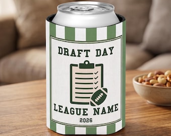 Porta-latas personalizado para o dia do draft de futebol americano, com nome da liga, ano e lembrancinha para festa, para presentear o comissário ou para celebrar o campeonato de cerveja esportiva.