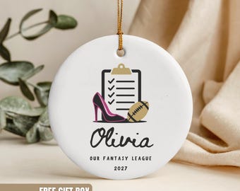 Enfeite de Natal Personalizado, Troféu de Campeã de Futebol Americano Fantasia, Presente com Nome Personalizado, Presente para Fã da Liga Feminina, Sapato de Salto Alto para Torcida de Garotas