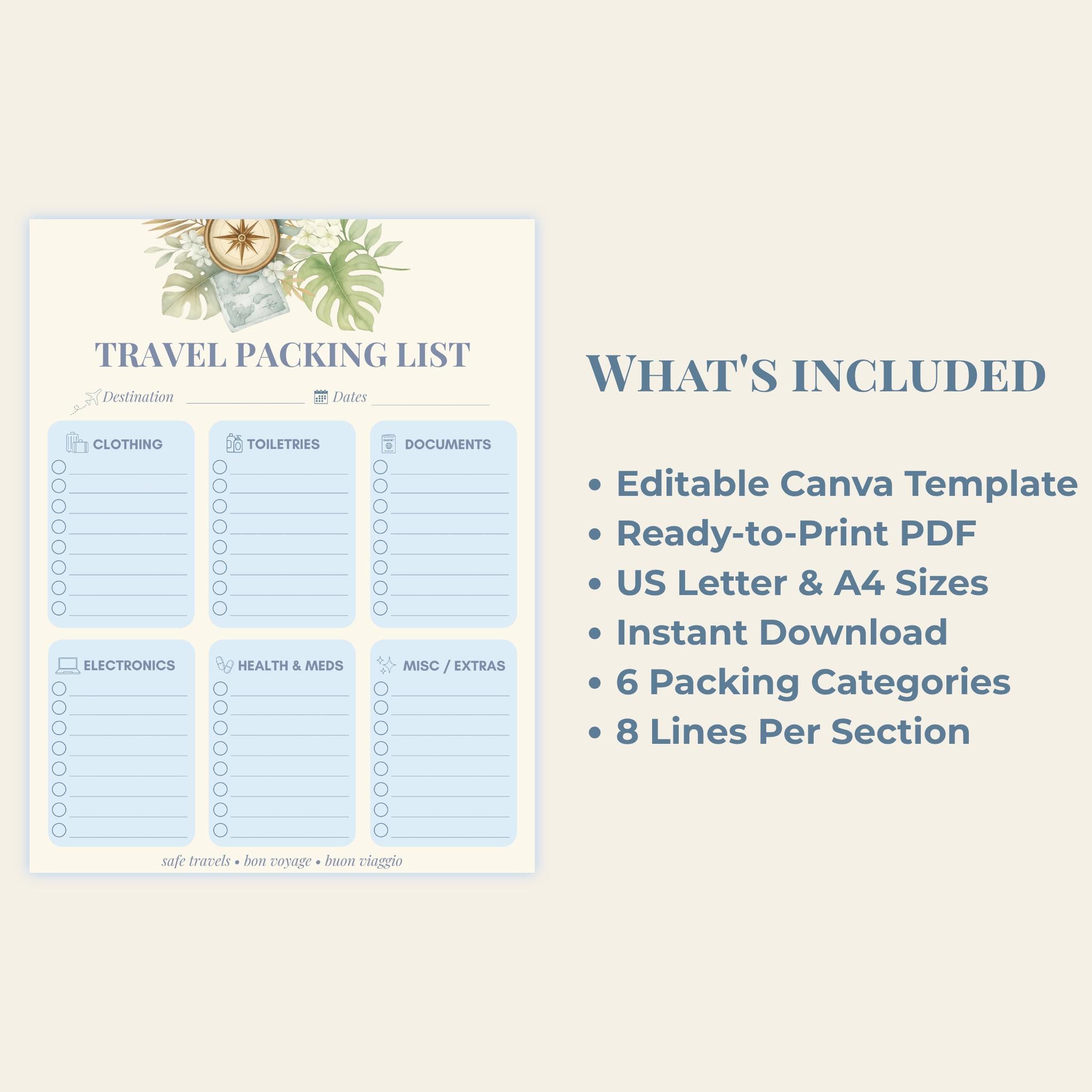 Travel Packing List Printable PDF Vacation Trip Planner Digital ...