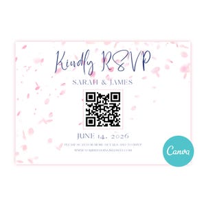 May include: A rectangular RSVP card featuring a white background with scattered pink flower petals. The text reads Kindly RSVP, Sarah & James, June 14, 2026, and includes a central black and white QR code, plus instructions to scan for details.