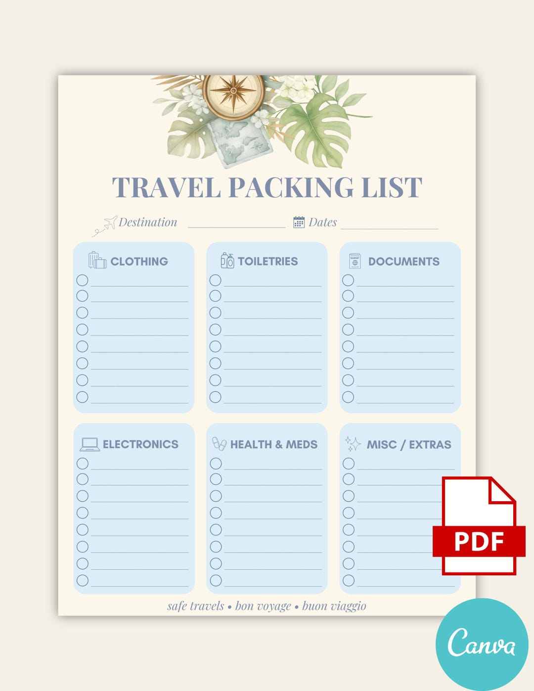 Travel Packing List Printable PDF Vacation Trip Planner Digital ...