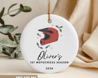 Enfeite de capacete de motocross personalizado para crianças, presente com nome personalizado para a primeira temporada de motocross, decoração esportiva, lembrança de Natal para pilotos de motocross.