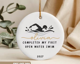 Enfeite de Natal Personalizado com Silhueta de Nadador, Nome Personalizado, Presente para Natação Livre, Lembrança de Natal, Medalha de Triatlo para Triatleta, Lista de Desejos