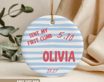 Enfeite de escalada personalizado com listras, nome, frase ou ano, para amantes de escalada em rocha. Lembrança de Natal, troféu de aventura e primeira ascensão.