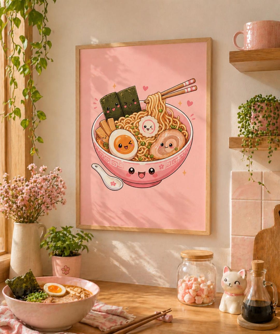 Cute Kawaii Ramen Print, Anime Food Poster, Playful Kitchen Wall Art