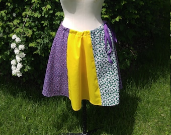 Handmade Drawstring Aline Skirt Vintage Cotton Material Rupunzel Inspired Flowers Purple Yellow Daisies Kitschy Patchwork