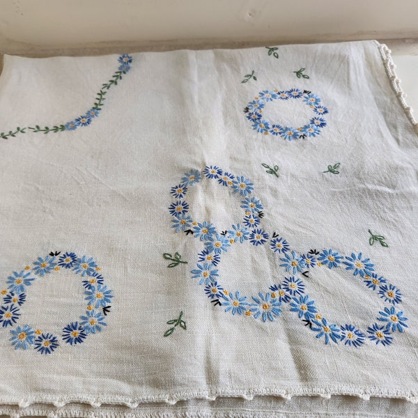 Vintage Linen Small Tablecloth Coverette Hand Embroidered