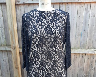 Vintage 1960s Black Lace Dress Button Up Back