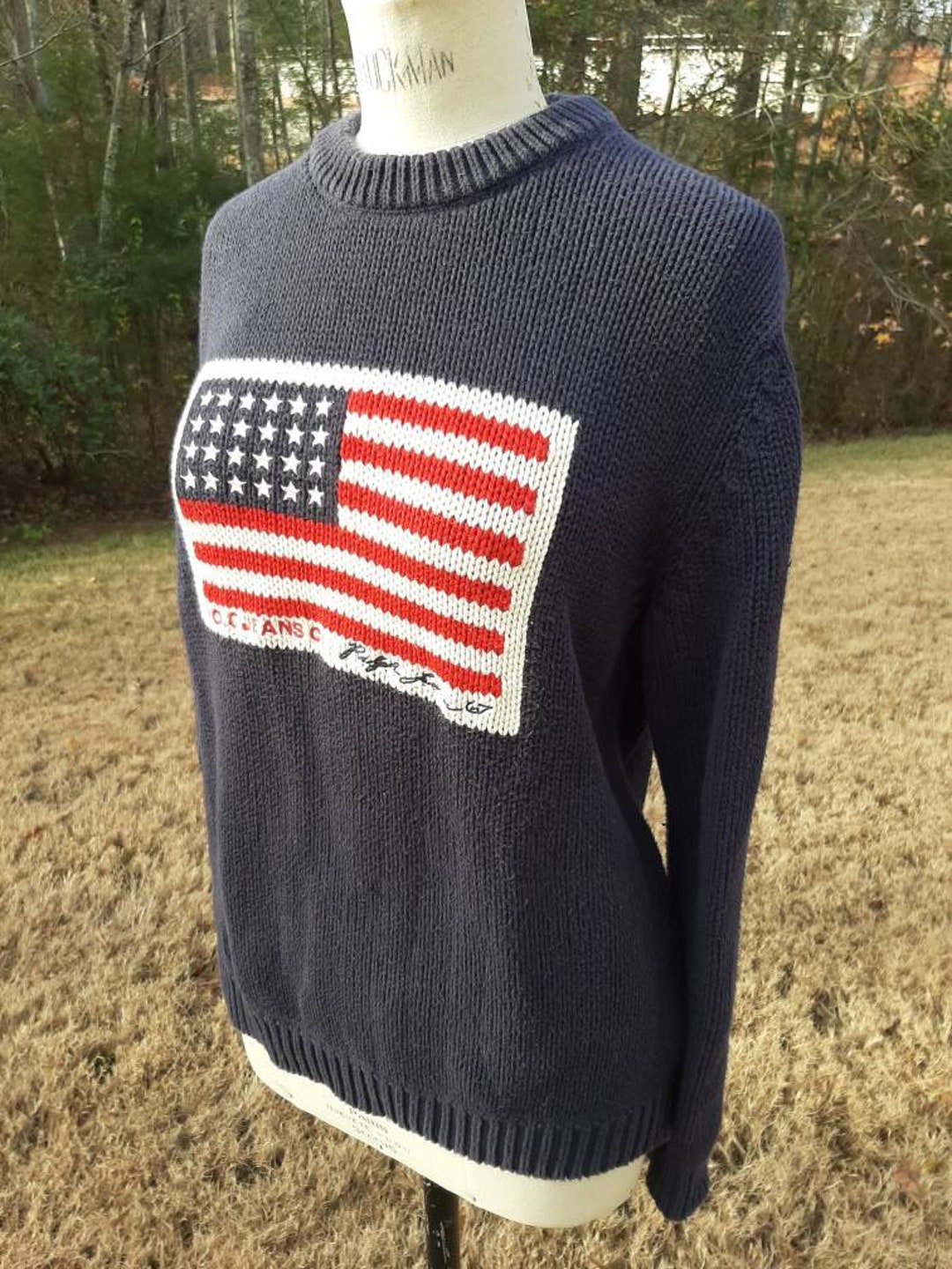 Vintage Polo Jeans Co Navy Sweater With American Flag Ralph Lauren 67 Mens  Small Cotton