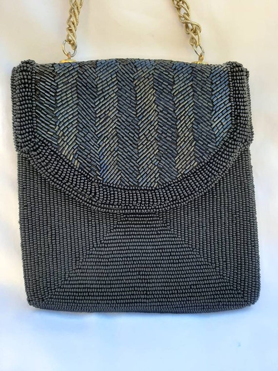 Vintage Beaded Evening Bag Black Beads Gold Chain… - image 1