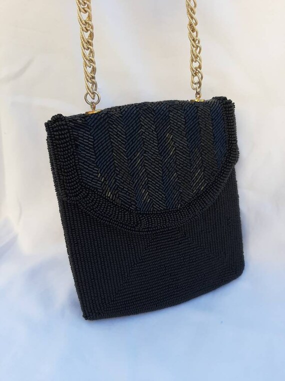 Vintage Beaded Evening Bag Black Beads Gold Chain… - image 5