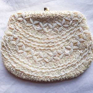 Vintage Cream Beaded and Sequin Clutch Purse Gold Satin Lining