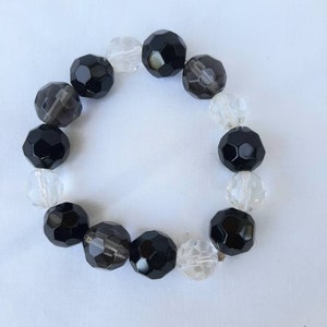 Vintage Large Glass Beaded Bracelet Black Clear Grey
