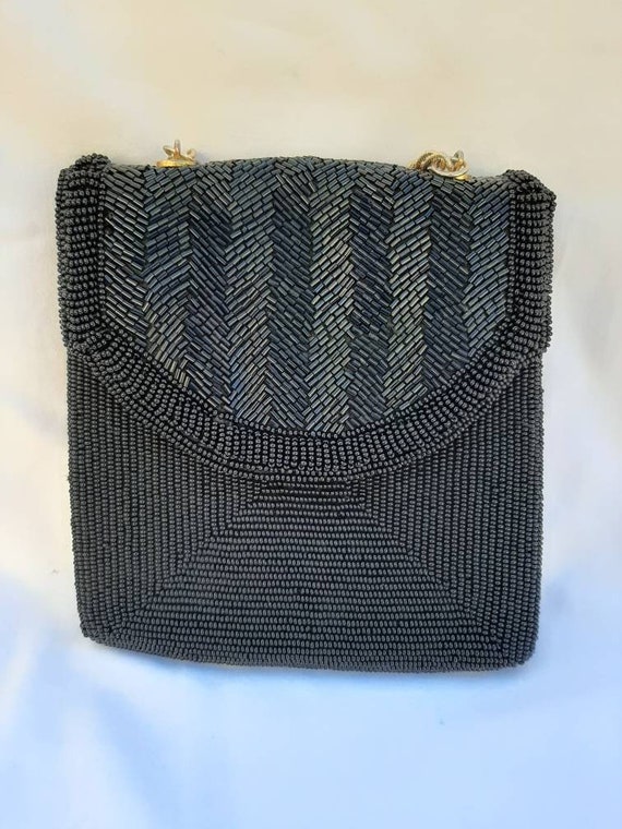 Vintage Beaded Evening Bag Black Beads Gold Chain… - image 10