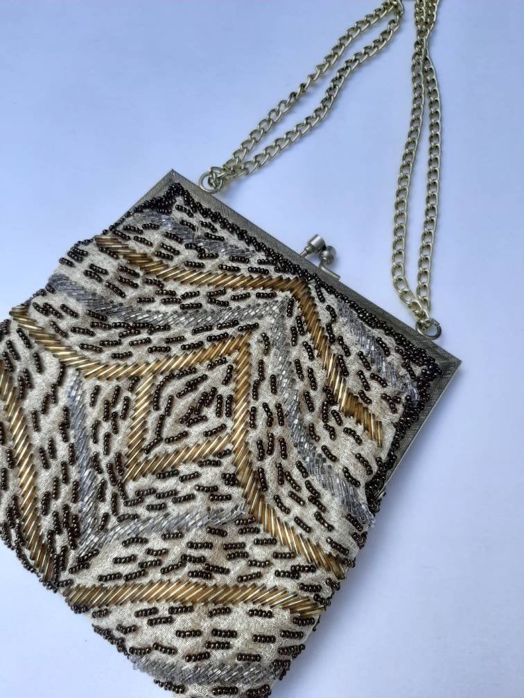 Vintage La Regale Gold Pattern Beaded Clutch or chain Shoulder Crossbody  Bag