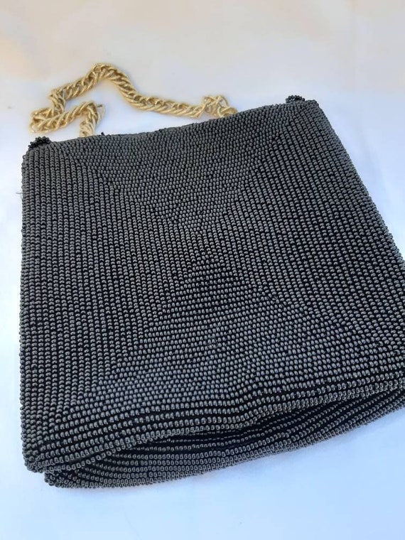 Vintage Beaded Evening Bag Black Beads Gold Chain… - image 6
