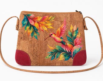 Bolso bandolera de corcho / Monedero vegano de corcho / Diseño de colibrí / Bolso de tela de corcho portugués / Regalo ecológico para ella