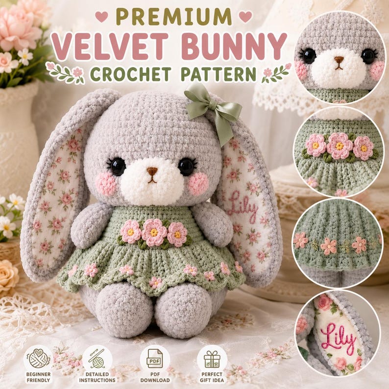 Velvet Bunny Crochet Pattern | Floppy Ear Amigurumi Plush Toy Tutorial ...