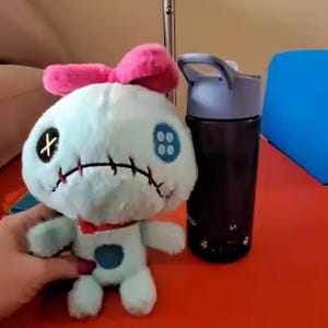 May include: A plush toy of a blue alien-like creature with a pink bow, black stitched features, and a red collar. A black water bottle with a gray lid sits next to the toy on a red surface.