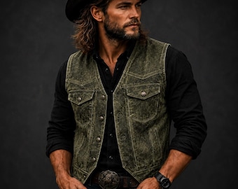 Men's Distressed Olive Leather Western Cowboy Vest, Biker Waistcoat Ranch Style