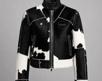 Damjacka i äkta kohud – Western Cow Print Leather Jacket – Cowhide jacka av äkta hår – Vintage beskuren läderjacka