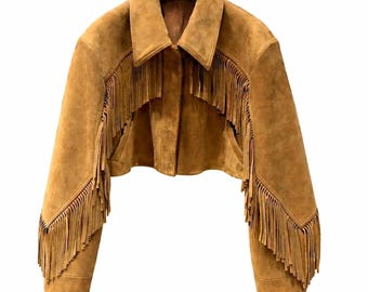 Mockajacka med fransar för kvinnor, western cowgirljacka, bohemisk festivaloutfit, mockakappa i vintagestil