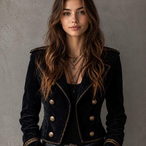 Peut inclure: Veste noire en velours avec des détails dorés. Le modèle présente un style militaire avec un devant croisé et des épaulettes décoratives. La personne porte un haut noir et des colliers superposés.
