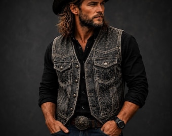 Men’s Distressed Leather Vest| Handmade Vintage Western Style Lambskin Cowboy Waistcoat