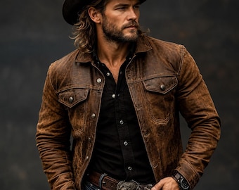 Herrskinnsjacka i sliten läder, handgjord vintage western cowboy-lammskinnskappa