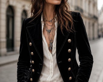 Vintage Black Velvet Blazer Jacket – Tailored Military Style with Gold Buttons