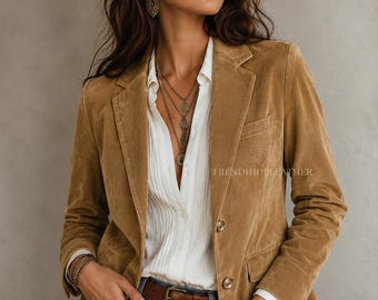 Women Western Boho Suede Blazer Jacket Brown Cognac Leather Coat Rustic Chic Vintage Fringe Style Cowgirl Jacket Gift for Her