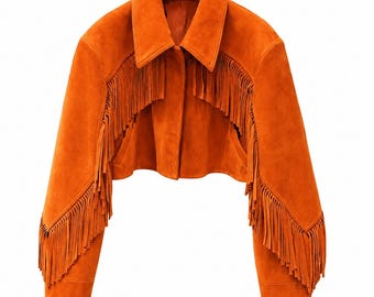 Orange mockajacka med fransar för dam | Beskuren västerländsk läderjacka | Boho cowgirl-kappa med tofsar | Vintage festivaloutfit