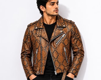 Men's Brown Snake Print Leather Biker Jacket, Python Pattern Rocker Fashion