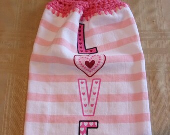 Valentine's Hanging Dish Towel, Hanging Kitchen Towel, Crochet Top Towel, Housewarming Gift, Home Decor