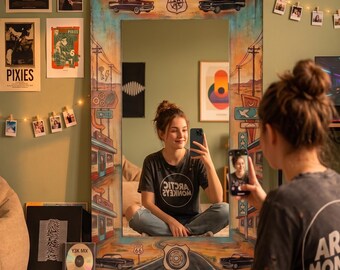 Vintage Road Trip Digital Print Mirror | Dekota Base with Plexi Silver Reflection | Unique Wall Decor Art