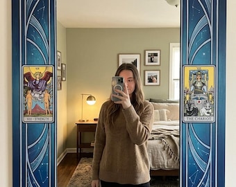 Mystical Celestial Tarot Mirror | Digital Printed Art Deco Wall Decor with Sun, Moon & Tarot Cards | Plexi Silver Mirror