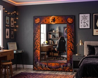Spooky Halloween Graveyard Floor Mirror with Witch and Pumpkins, Gothic Home Decor, Large Witchy Wall Mirror, Haunted House Aesthetic