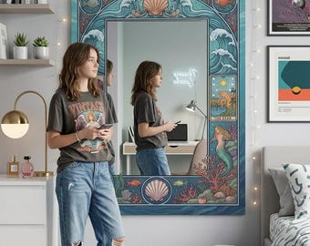 Mythical Mermaid Mirror, Art Nouveau Ocean Wall Decor, Tarot Card Design, Custom Sizes