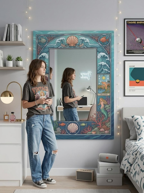 Mythical Mermaid Mirror, Art Nouveau Ocean Wall Decor, Tarot Card Design, Custom Sizes