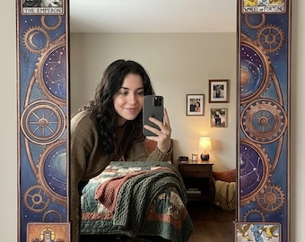 Enigmatic Tarot Steampunk Mirror | Celestial Digital Print on Decota & Plexi Silver Mirror Wall Art | Custom Sizes