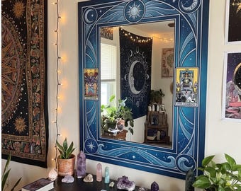 Mystical Celestial Tarot Mirror | Digital Printed Art Deco Wall Decor with Sun, Moon & Tarot Cards | Plexi Silver Mirror