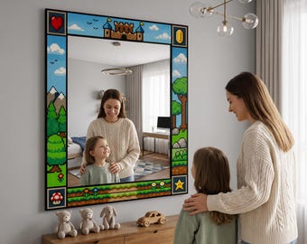 Pixel Art Video Game Wall Mirror Retro Gamer Decor, Nursery Playroom Wall Art, 8-Bit Aesthetic Bedroom Decor, Nostalgic Gaming Room Mirror