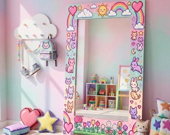 Pixel Art Kawaii Mirror  Cute Animals Rainbows Wall Decor Pastel Aesthetic Digital Print on Dekota Plexi Silver
