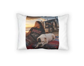 Woman and Bulldog Roadside Photo Pillow Sham | Truck Sunset Scene