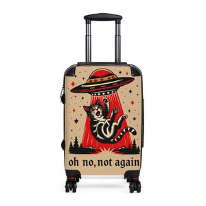 Cat Abduction Illustration Suitcase | Retro UFO, "oh no, not again"